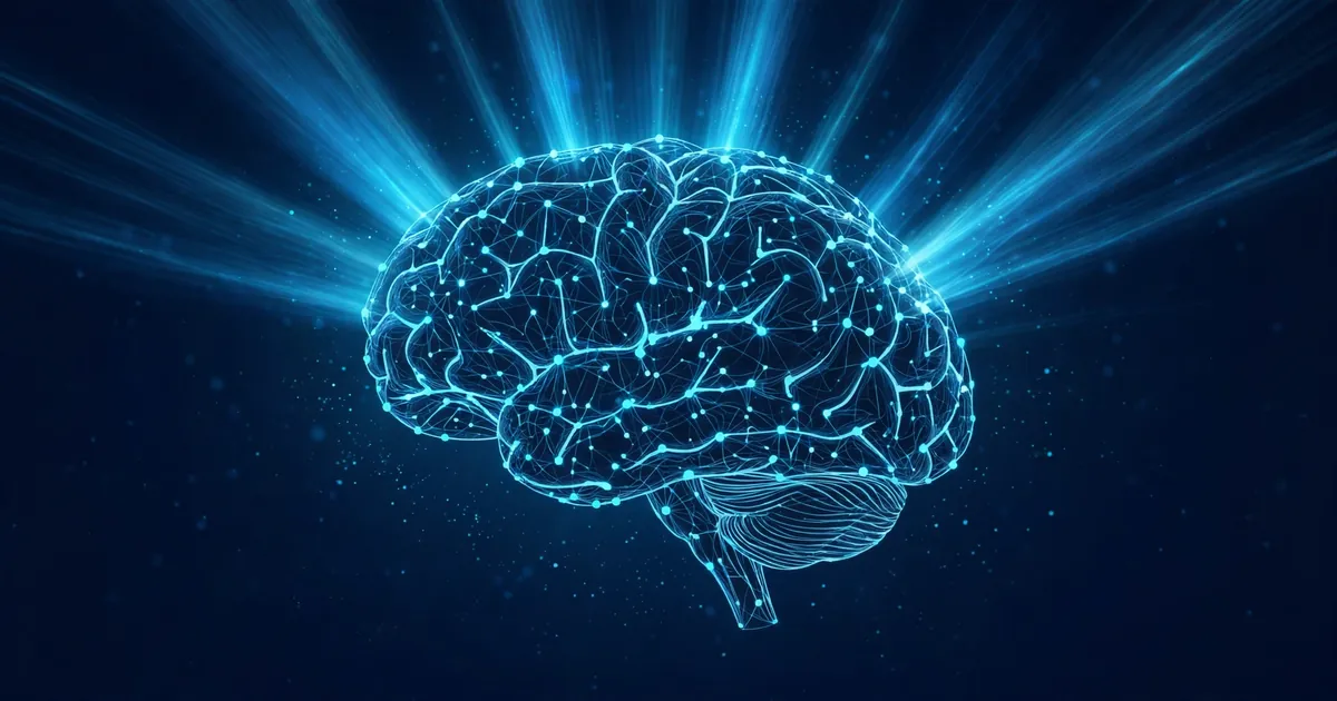 Glowing illustration of a human brain surrounded by blue light rays, representing optogenetics research