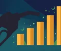 Conceptual editorial illustration of a stylized fuel pump nozzle and rising price chart bars in green and amber on a dark background — symbolic artwork, not a photograph