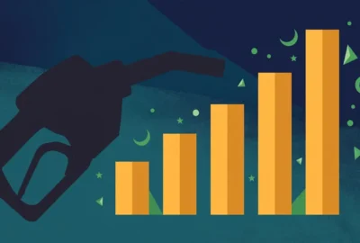 Conceptual editorial illustration of a stylized fuel pump nozzle and rising price chart bars in green and amber on a dark background — symbolic artwork, not a photograph