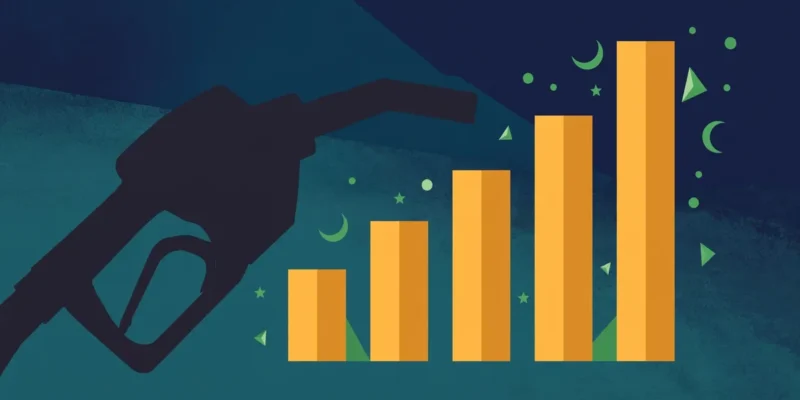 Conceptual editorial illustration of a stylized fuel pump nozzle and rising price chart bars in green and amber on a dark background — symbolic artwork, not a photograph