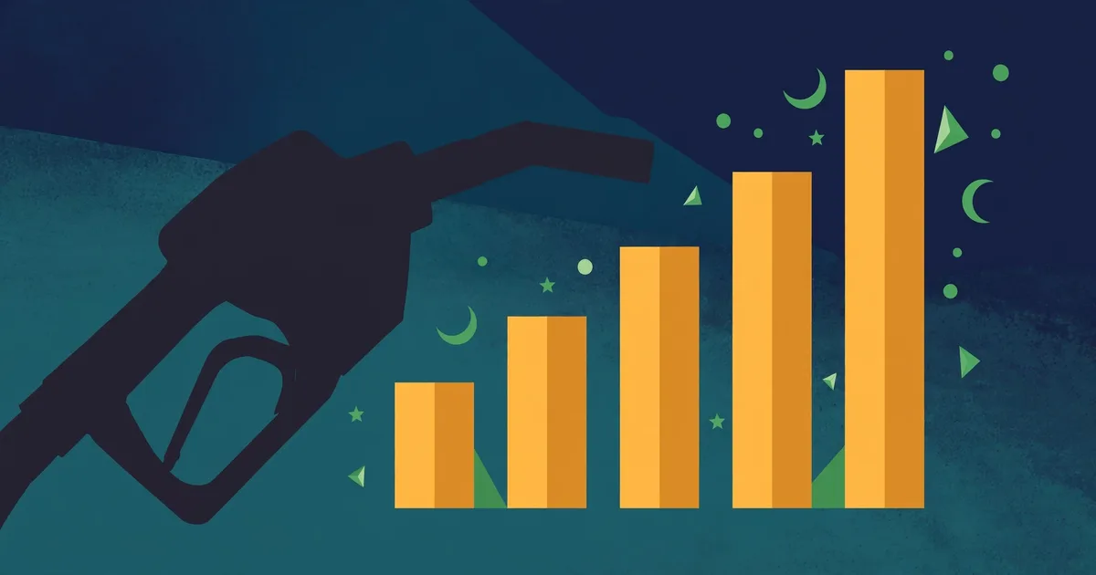 Conceptual editorial illustration of a stylized fuel pump nozzle and rising price chart bars in green and amber on a dark background — symbolic artwork, not a photograph