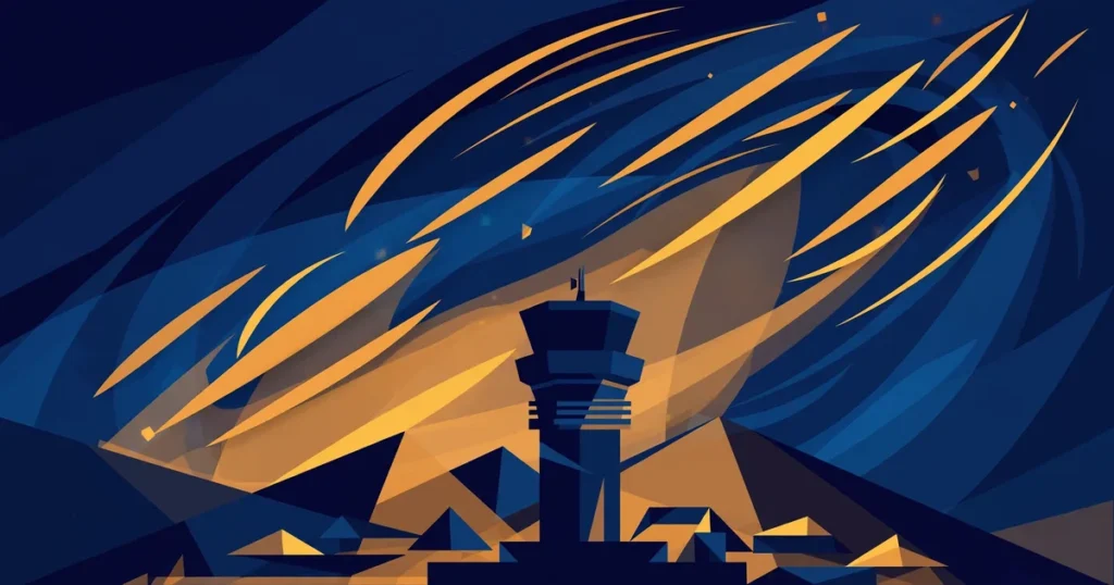 Abstract editorial illustration of an airport control tower silhouette beneath a turbulent night sky with streaks of light, in deep navy blue and amber tones — symbolic artwork, not a photograph