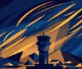 Abstract editorial illustration of an airport control tower silhouette beneath a turbulent night sky with streaks of light, in deep navy blue and amber tones — symbolic artwork, not a photograph