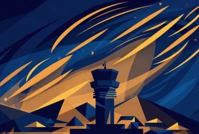 Abstract editorial illustration of an airport control tower silhouette beneath a turbulent night sky with streaks of light, in deep navy blue and amber tones — symbolic artwork, not a photograph