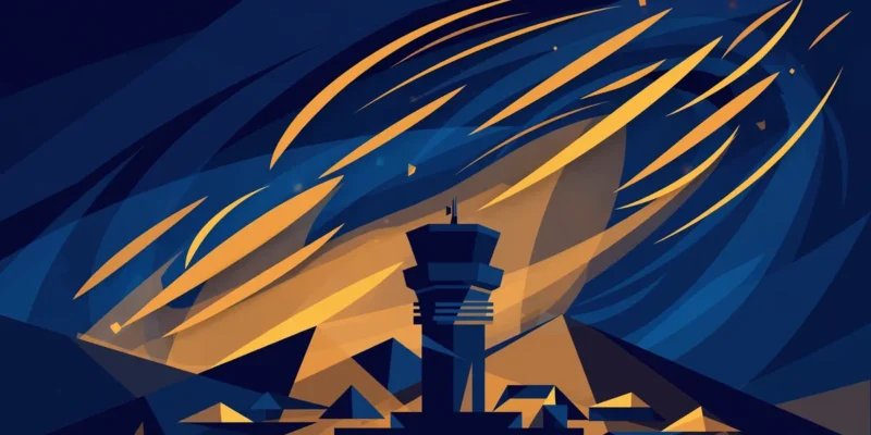Abstract editorial illustration of an airport control tower silhouette beneath a turbulent night sky with streaks of light, in deep navy blue and amber tones — symbolic artwork, not a photograph
