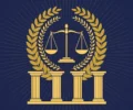 Abstract editorial illustration of a golden laurel wreath and balanced scales of justice above courthouse columns in deep navy and gold — symbolic artwork, not a photograph