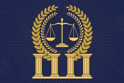 Abstract editorial illustration of a golden laurel wreath and balanced scales of justice above courthouse columns in deep navy and gold — symbolic artwork, not a photograph