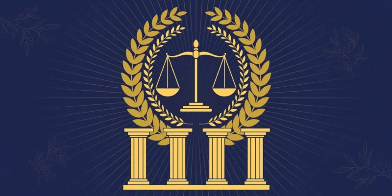 Abstract editorial illustration of a golden laurel wreath and balanced scales of justice above courthouse columns in deep navy and gold — symbolic artwork, not a photograph