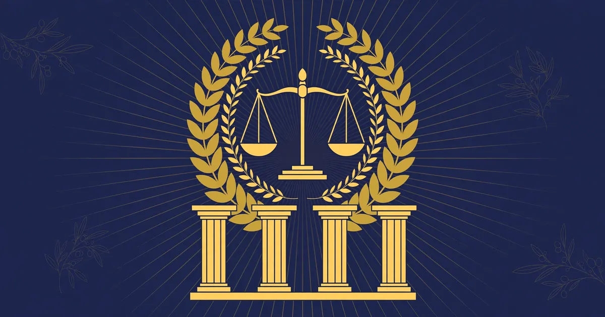Abstract editorial illustration of a golden laurel wreath and balanced scales of justice above courthouse columns in deep navy and gold — symbolic artwork, not a photograph