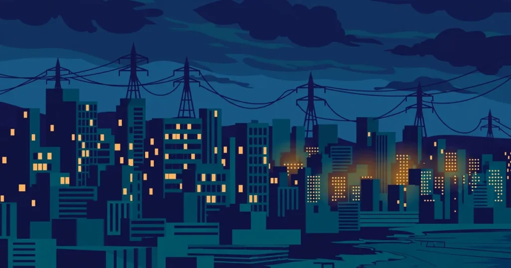 Flat vector-style illustration of a Karachi skyline at dusk with some building windows dark and unlit beneath sagging power lines — symbolic artwork, not a photograph