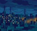 Flat vector-style illustration of a Karachi skyline at dusk with some building windows dark and unlit beneath sagging power lines — symbolic artwork, not a photograph