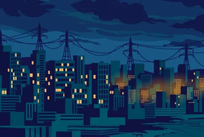 Flat vector-style illustration of a Karachi skyline at dusk with some building windows dark and unlit beneath sagging power lines — symbolic artwork, not a photograph