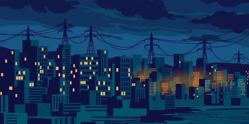 Flat vector-style illustration of a Karachi skyline at dusk with some building windows dark and unlit beneath sagging power lines — symbolic artwork, not a photograph