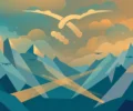 Conceptual flat illustration of high mountain peaks under a hazy sky with small drone silhouettes and searchlight beams — symbolic artwork, not a photograph.