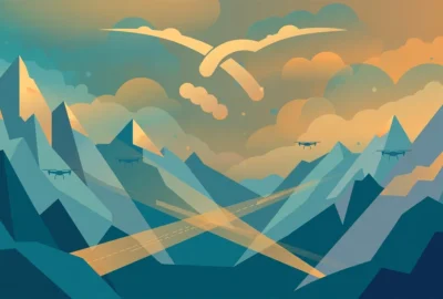 Conceptual flat illustration of high mountain peaks under a hazy sky with small drone silhouettes and searchlight beams — symbolic artwork, not a photograph.