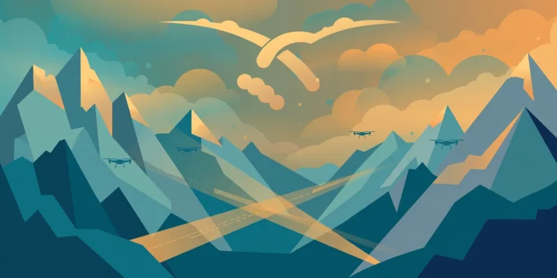 Conceptual flat illustration of high mountain peaks under a hazy sky with small drone silhouettes and searchlight beams — symbolic artwork, not a photograph.