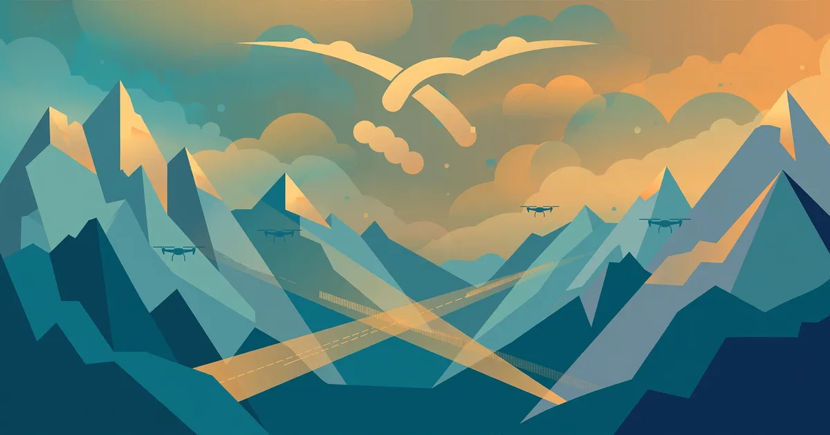 Conceptual flat illustration of high mountain peaks under a hazy sky with small drone silhouettes and searchlight beams — symbolic artwork, not a photograph.