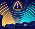 Conceptual flat illustration of an airport control tower under radar sweep arcs with a warning-alert symbol — symbolic artwork, not a photograph