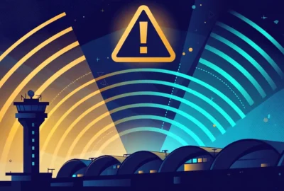 Conceptual flat illustration of an airport control tower under radar sweep arcs with a warning-alert symbol — symbolic artwork, not a photograph