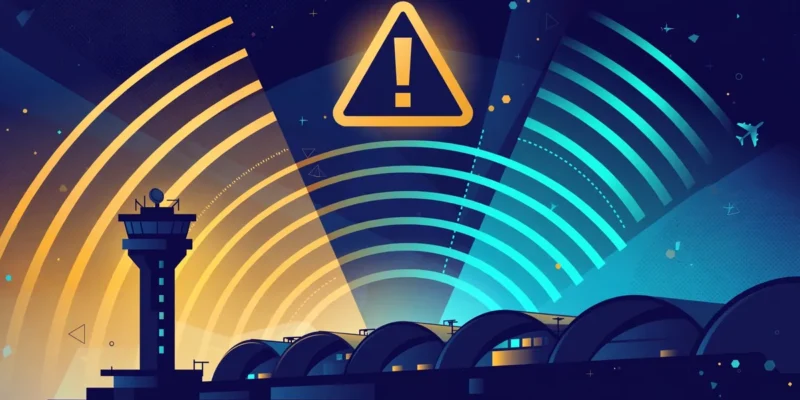 Conceptual flat illustration of an airport control tower under radar sweep arcs with a warning-alert symbol — symbolic artwork, not a photograph