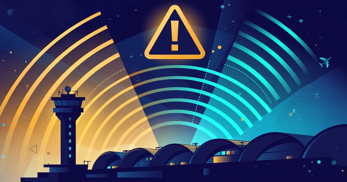 Conceptual flat illustration of an airport control tower under radar sweep arcs with a warning-alert symbol — symbolic artwork, not a photograph