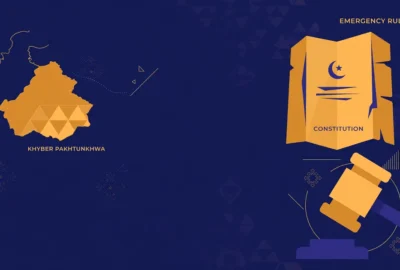Abstract editorial illustration of a stylised Pakistan map with a constitutional document and gavel motif in blue and amber tones — symbolic artwork, not a photograph