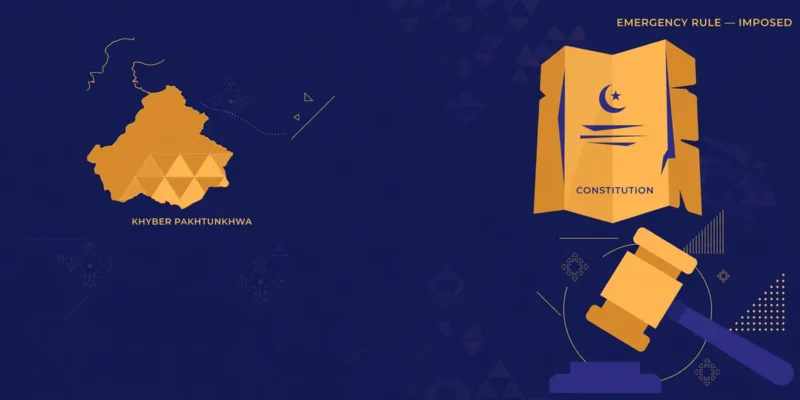 Abstract editorial illustration of a stylised Pakistan map with a constitutional document and gavel motif in blue and amber tones — symbolic artwork, not a photograph