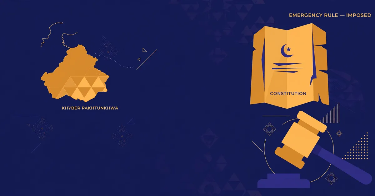 Abstract editorial illustration of a stylised Pakistan map with a constitutional document and gavel motif in blue and amber tones — symbolic artwork, not a photograph