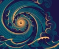 Stylised conceptual illustration of a swirling hurricane over ocean waves in deep teal and amber tones — symbolic artwork, not a photograph