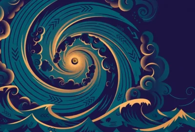Stylised conceptual illustration of a swirling hurricane over ocean waves in deep teal and amber tones — symbolic artwork, not a photograph