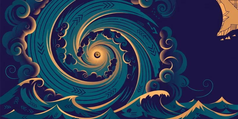 Stylised conceptual illustration of a swirling hurricane over ocean waves in deep teal and amber tones — symbolic artwork, not a photograph