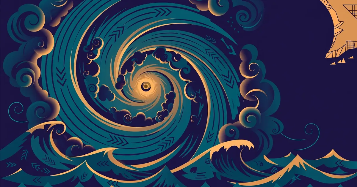 Stylised conceptual illustration of a swirling hurricane over ocean waves in deep teal and amber tones — symbolic artwork, not a photograph