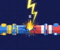 Conceptual flat-vector illustration of a glowing gas pipeline split by a lightning bolt between Ukrainian and Russian colour fields, with a pause symbol above — symbolic artwork, not a photograph.