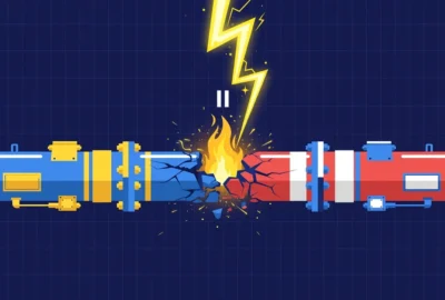Conceptual flat-vector illustration of a glowing gas pipeline split by a lightning bolt between Ukrainian and Russian colour fields, with a pause symbol above — symbolic artwork, not a photograph.