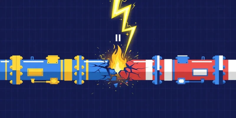 Conceptual flat-vector illustration of a glowing gas pipeline split by a lightning bolt between Ukrainian and Russian colour fields, with a pause symbol above — symbolic artwork, not a photograph.