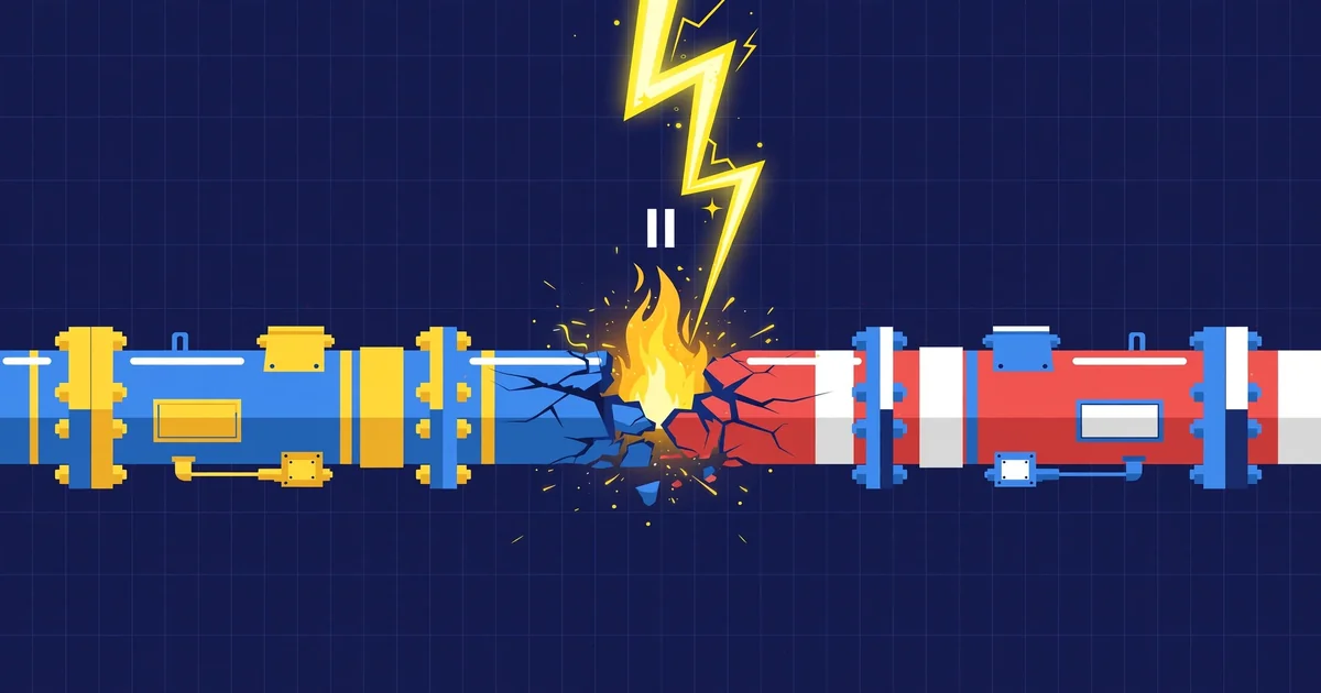 Conceptual flat-vector illustration of a glowing gas pipeline split by a lightning bolt between Ukrainian and Russian colour fields, with a pause symbol above — symbolic artwork, not a photograph.