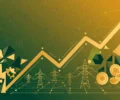 Conceptual illustration of a rising gold growth chart and upward arrow over green and amber tones, with factory, power-grid and coin motifs — symbolic artwork, not a photograph