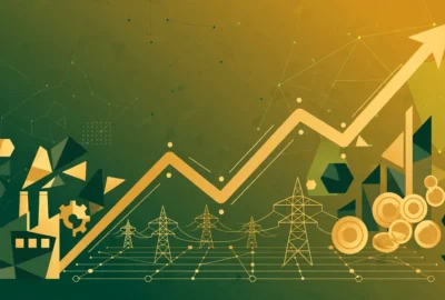 Conceptual illustration of a rising gold growth chart and upward arrow over green and amber tones, with factory, power-grid and coin motifs — symbolic artwork, not a photograph