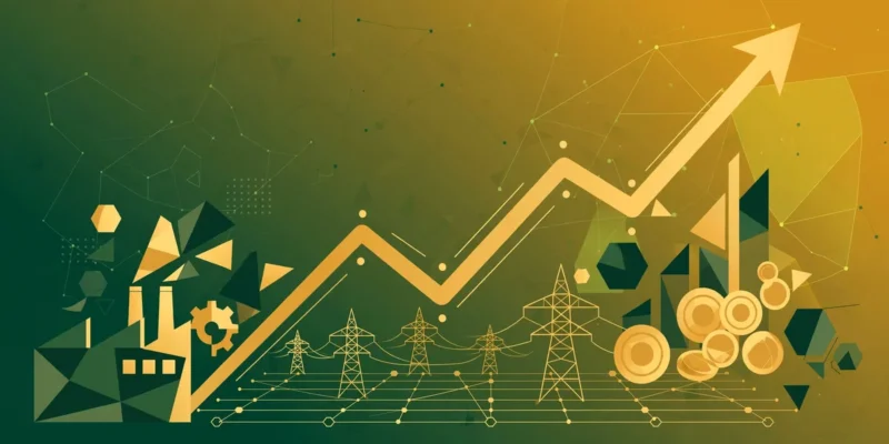 Conceptual illustration of a rising gold growth chart and upward arrow over green and amber tones, with factory, power-grid and coin motifs — symbolic artwork, not a photograph