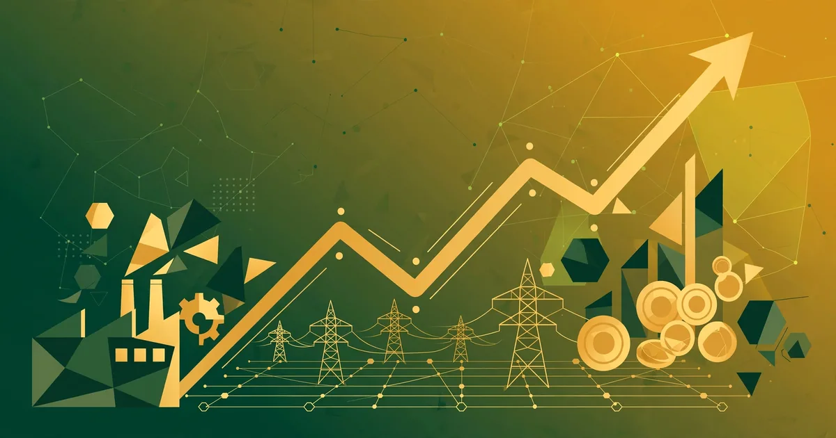 Conceptual illustration of a rising gold growth chart and upward arrow over green and amber tones, with factory, power-grid and coin motifs — symbolic artwork, not a photograph