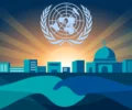 Conceptual illustration of the UN emblem over Islamabad's skyline with abstract handshake shapes.