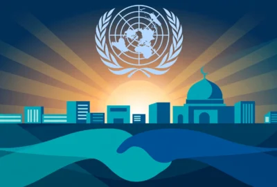 Conceptual illustration of the UN emblem over Islamabad's skyline with abstract handshake shapes.