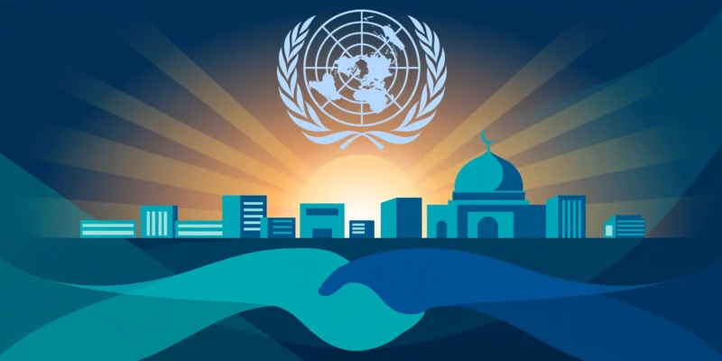 Conceptual illustration of the UN emblem over Islamabad's skyline with abstract handshake shapes.