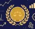 Conceptual flat-vector illustration of a gold prize medal with laurel leaves, surrounded by stylised economic charts, bar graphs, a compass and coin motifs on a deep navy background — symbolic artwork, not a photograph