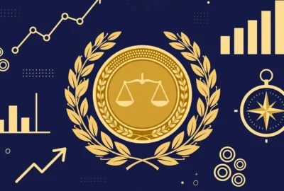Conceptual flat-vector illustration of a gold prize medal with laurel leaves, surrounded by stylised economic charts, bar graphs, a compass and coin motifs on a deep navy background — symbolic artwork, not a photograph