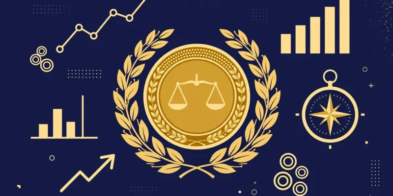 Conceptual flat-vector illustration of a gold prize medal with laurel leaves, surrounded by stylised economic charts, bar graphs, a compass and coin motifs on a deep navy background — symbolic artwork, not a photograph