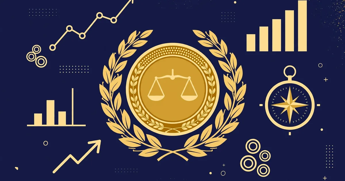 Conceptual flat-vector illustration of a gold prize medal with laurel leaves, surrounded by stylised economic charts, bar graphs, a compass and coin motifs on a deep navy background — symbolic artwork, not a photograph