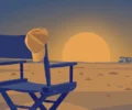Conceptual flat-vector memorial illustration — an empty director's chair draped with a folded cap, facing a desert sunset behind a camper silhouette, in muted blue and amber tones; symbolic artwork, not a photograph