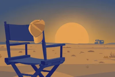 Conceptual flat-vector memorial illustration — an empty director's chair draped with a folded cap, facing a desert sunset behind a camper silhouette, in muted blue and amber tones; symbolic artwork, not a photograph