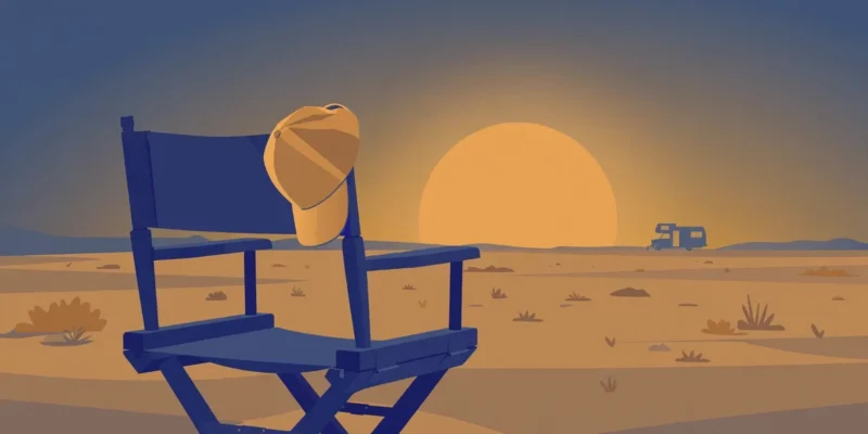 Conceptual flat-vector memorial illustration — an empty director's chair draped with a folded cap, facing a desert sunset behind a camper silhouette, in muted blue and amber tones; symbolic artwork, not a photograph